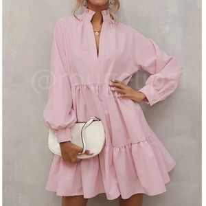 Baby Pink Long Sleeve Loose Fitting Mini Short Dress V-Neck Notch Neck